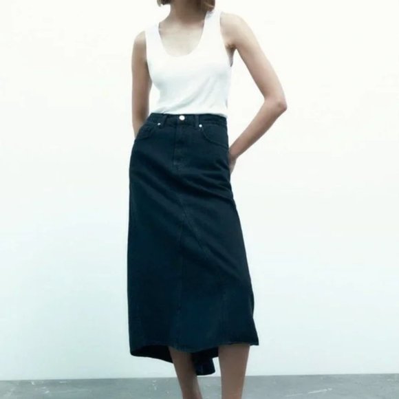 NEW ZARA High-Rise Five-Pocket Denim Midi Fishtail Skirt Dark Navy Small - Picture 2 of 9